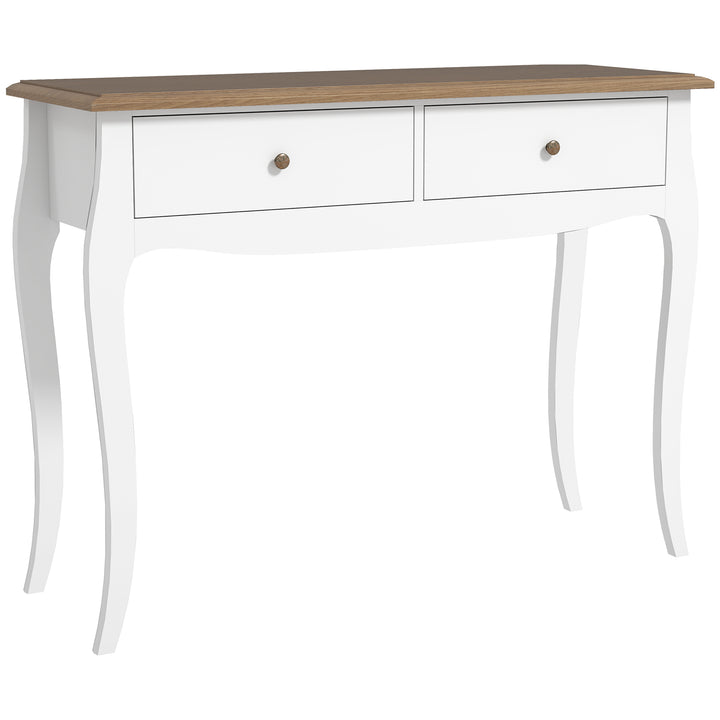 Mesa Consola Consola de Entrada com 2 Gavetas Estilo Francês para Corredor Dormitório Sala de Estar 100x35x76,5 cm Branco e Marrom Escuro