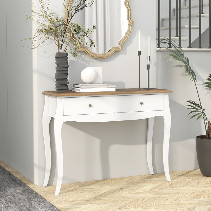 Mesa Consola Consola de Entrada com 2 Gavetas Estilo Francês para Corredor Dormitório Sala de Estar 100x35x76,5 cm Branco e Marrom Escuro