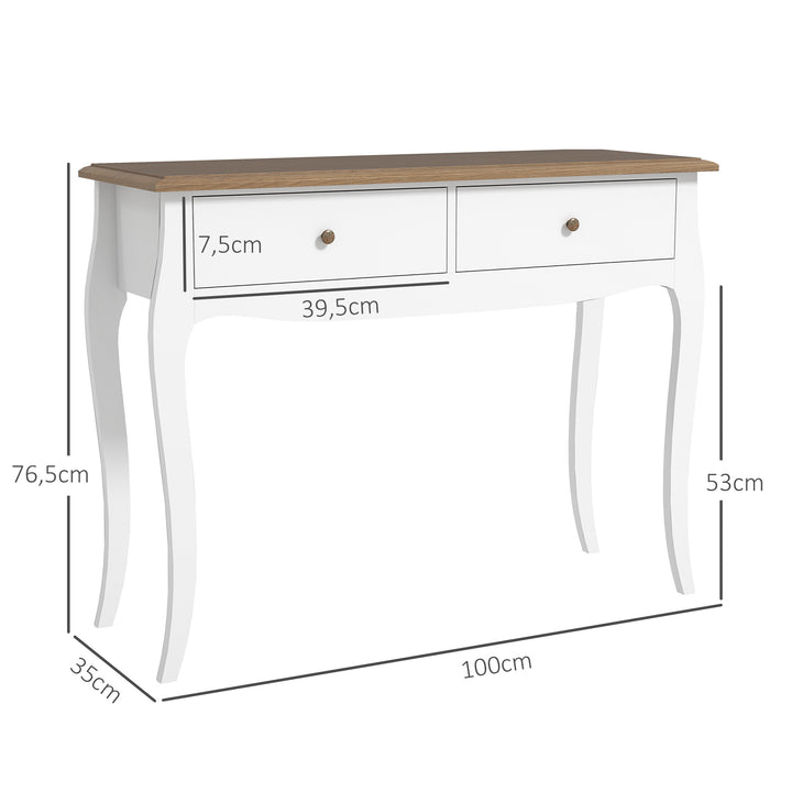 Mesa Consola Consola de Entrada com 2 Gavetas Estilo Francês para Corredor Dormitório Sala de Estar 100x35x76,5 cm Branco e Marrom Escuro