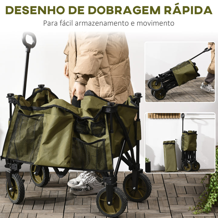 Carrinho Dobrável de com Rodas Carrinho para Praia com Guiador Telescópico Bancada Dobrável 5 Bolsas de Armazenamento Estrutura de Aço e Tecido de Oxford 108x55x93cm Verde Escuro