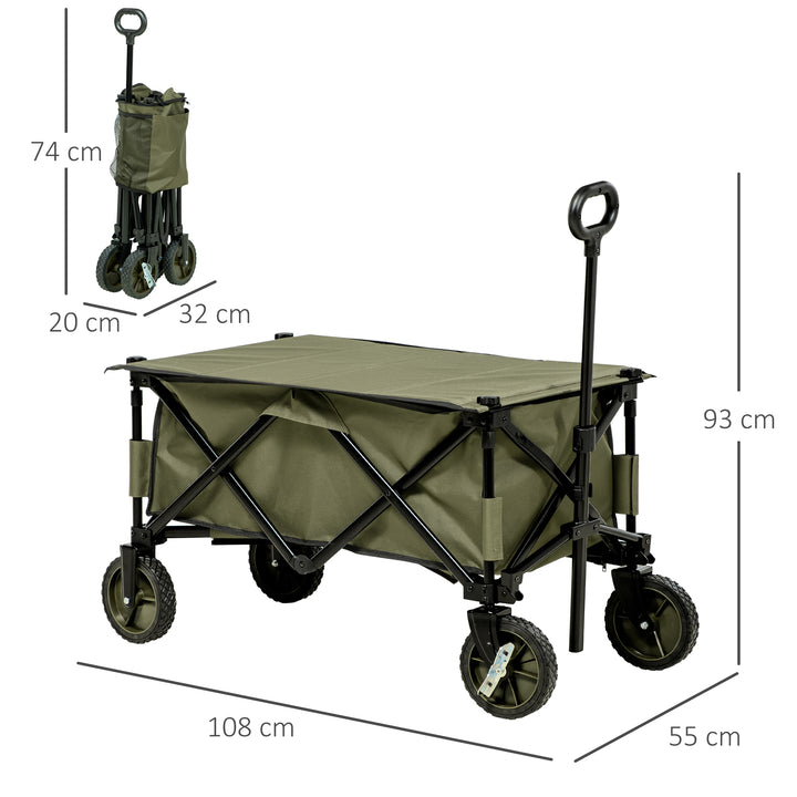 Carrinho Dobrável de com Rodas Carrinho para Praia com Guiador Telescópico Bancada Dobrável 5 Bolsas de Armazenamento Estrutura de Aço e Tecido de Oxford 108x55x93cm Verde Escuro
