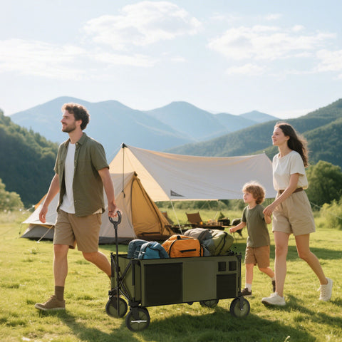Carrinho Dobrável de com Rodas Carrinho para Praia com Guiador Telescópico Bancada Dobrável 5 Bolsas de Armazenamento Estrutura de Aço e Tecido de Oxford 108x55x93cm Verde Escuro