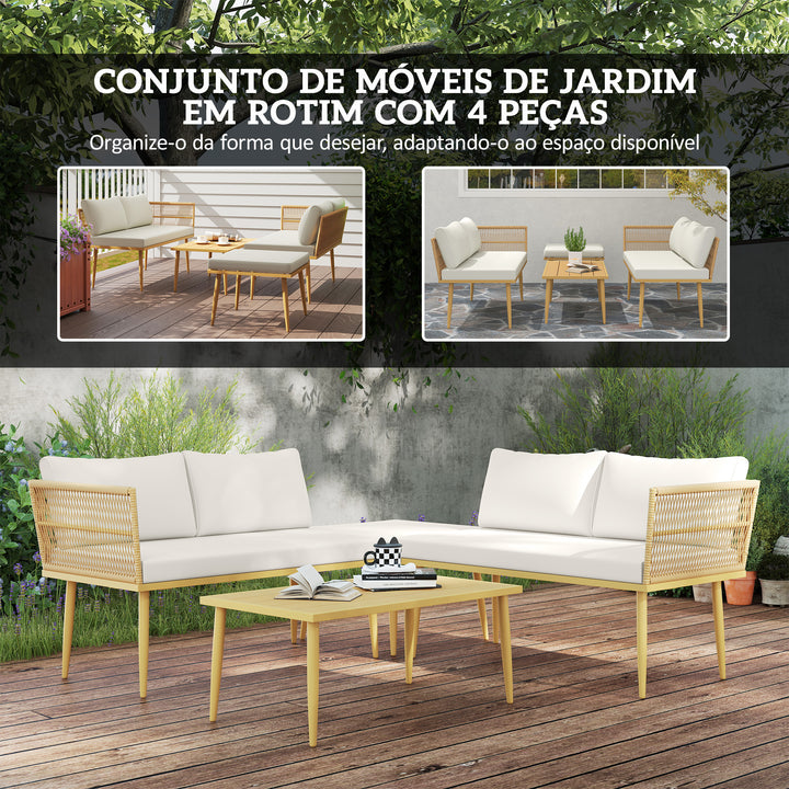 Conjunto de Jardim de Vime Sintético de 4 Peças Móveis de Exterior com 2 Sofás de 2 Lugares 1 Apoio para os Pés 1 Mesa de Centro com Almofadas Madeira e Creme