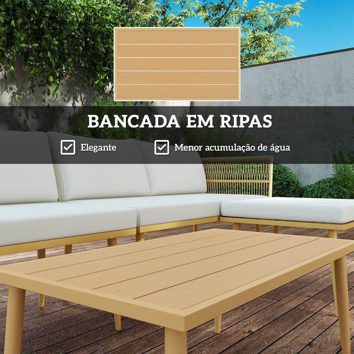 Conjunto de Jardim de Vime Sintético de 4 Peças Móveis de Exterior com 2 Sofás de 2 Lugares 1 Apoio para os Pés 1 Mesa de Centro com Almofadas Madeira e Creme