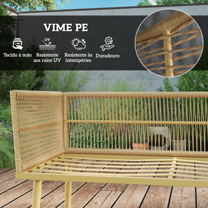 Conjunto de Jardim de Vime Sintético de 4 Peças Móveis de Exterior com 2 Sofás de 2 Lugares 1 Apoio para os Pés 1 Mesa de Centro com Almofadas Madeira e Creme