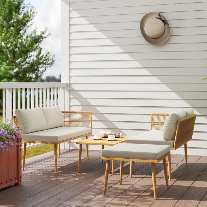 Conjunto de Jardim de Vime Sintético de 4 Peças Móveis de Exterior com 2 Sofás de 2 Lugares 1 Apoio para os Pés 1 Mesa de Centro com Almofadas Madeira e Creme