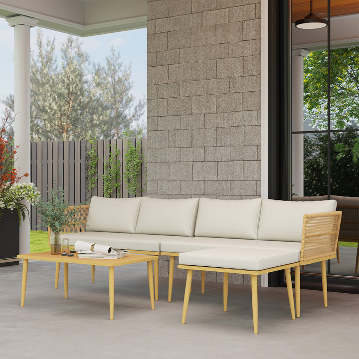 Conjunto de Jardim de Vime Sintético de 4 Peças Móveis de Exterior com 2 Sofás de 2 Lugares 1 Apoio para os Pés 1 Mesa de Centro com Almofadas Madeira e Creme