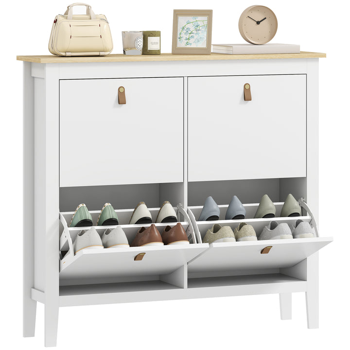 Sapateira Estreita Móvel Sapateira para Entrada com 4 Gavetas Abatíveis Prateleiras Ajustáveis e Puxadores em PU para 20 Pares de Sapatos para Corredor 105x24x95,5 cm Branco
