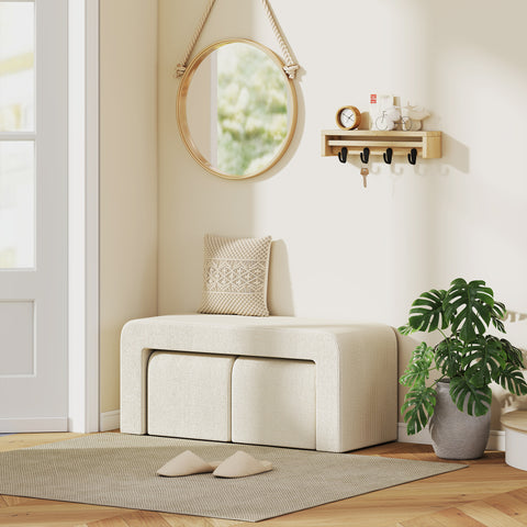 Conjunto de 3 Bancos Grande e 2 Pequenos Bancos Modernos em Veludo Design Compacto para Sala Entrada Corredor Quarto 104x44x48 cm Creme