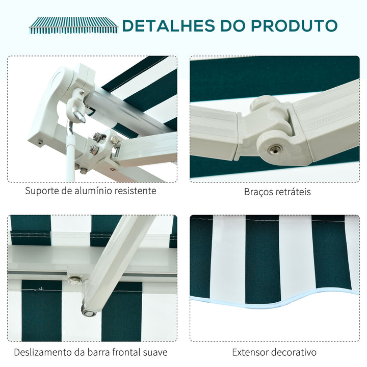 Toldo Manual Dobrável de Alumínio 2,95x2,5m para Exterior com Ângulo Ajustável e Manivela para Pátio Balcão Jardím Terraço Verde e Branco