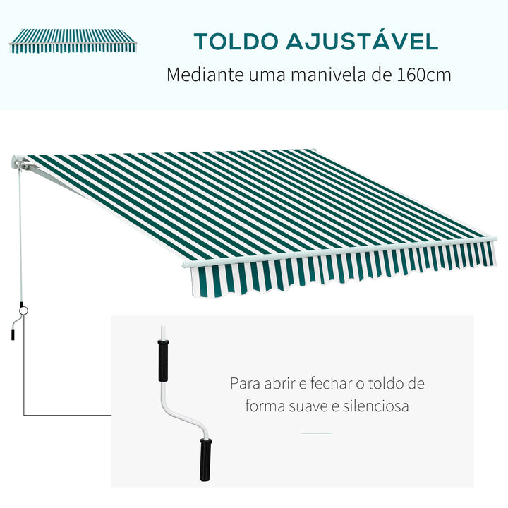 Toldo Manual Dobrável de Alumínio 2,95x2,5m para Exterior com Ângulo Ajustável e Manivela para Pátio Balcão Jardím Terraço Verde e Branco