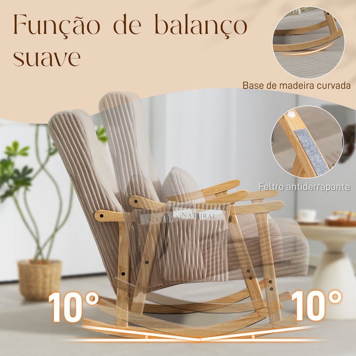 Cadeira de Baloiço, Cadeira de Veludo Cotelê com Almofada Lombar, Pernas e Apoios de Braço em Madeira, Assento Largo, Bolso Lateral, Estilo Moderno, Cadeira de Relaxamento, Suporte até 120 kg, para Quarto, Sala, Castanho Claro