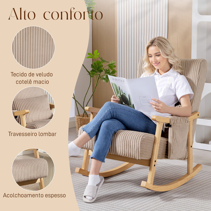 Cadeira de Baloiço, Cadeira de Veludo Cotelê com Almofada Lombar, Pernas e Apoios de Braço em Madeira, Assento Largo, Bolso Lateral, Estilo Moderno, Cadeira de Relaxamento, Suporte até 120 kg, para Quarto, Sala, Castanho Claro