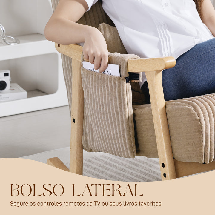 Cadeira de Baloiço, Cadeira de Veludo Cotelê com Almofada Lombar, Pernas e Apoios de Braço em Madeira, Assento Largo, Bolso Lateral, Estilo Moderno, Cadeira de Relaxamento, Suporte até 120 kg, para Quarto, Sala, Castanho Claro