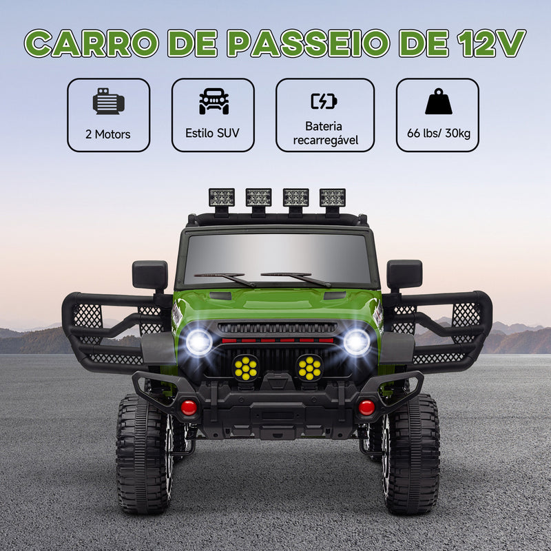 Carro Elétrico para Crianças acima de 3 Anos Carro Elétrico Infantil com Bateria de 12V Controlo Remoto Bluetooth Faróis LED Buzina e Música 100x63x65 cm Verde