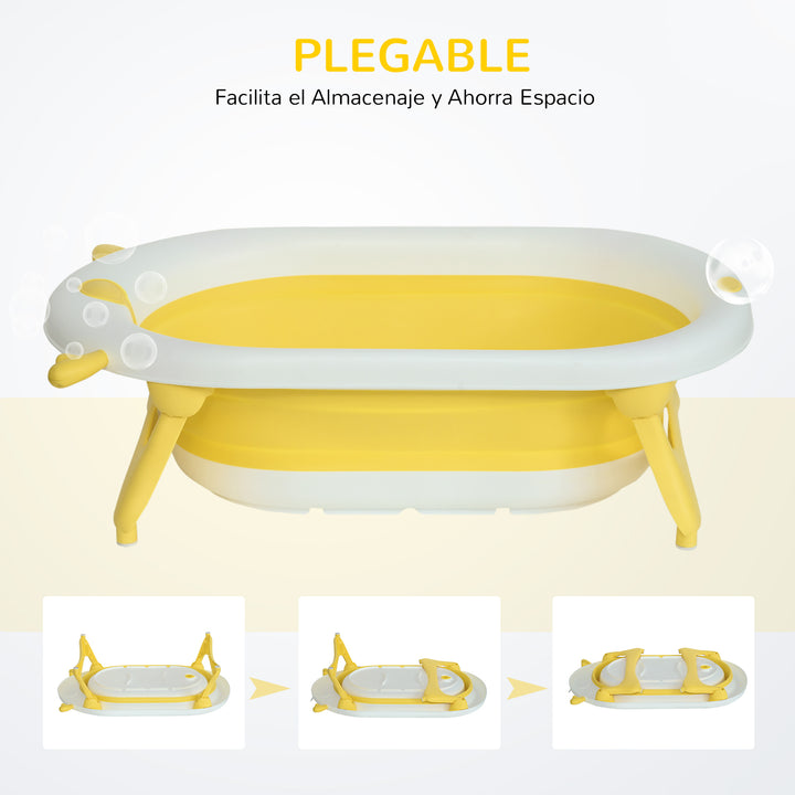 Banheira para Bebé Recém Nascido até 3 Anos Dobrável 30 Litros com Tampa Termossensível e Almofada Confortável Almofadas Antiderrapantes 81,5x50,5x23,5cm Amarelo e Branco