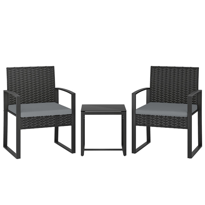Conjunto de Móveis de Exterior de 3 Peças Conjunto de Jardim em Vime PE com Cadeiras Mesa de Vidro Temperado e Almofadas Móveis para Balcão Cinza Claro