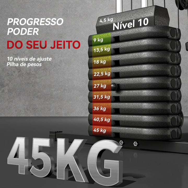 Multiestação de Musculação, Máquina de Musculação com Press de Peito, Pesos de 45 kg, Curl de Pernas e Polia Borboleta, Carga 100 kg, para Treino em Casa, Preto