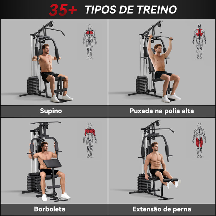Multiestação de Musculação, Máquina de Musculação com Press de Peito, Pesos de 45 kg, Curl de Pernas e Polia Borboleta, Carga 100 kg, para Treino em Casa, Preto