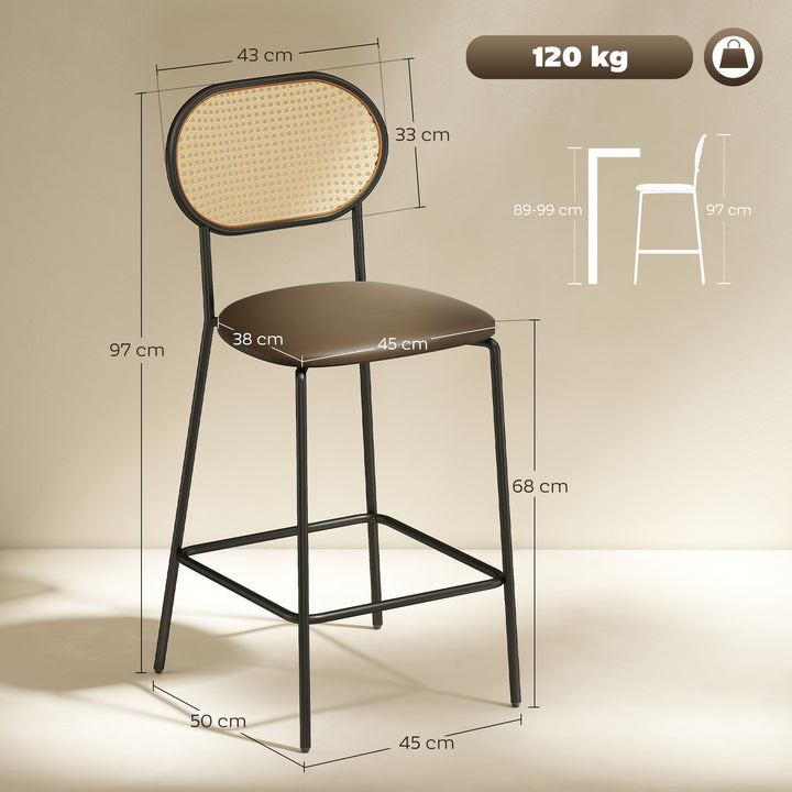 Conjunto de 2 Bancos de Bar Bancos Altos de Cozinha com Encosto em Vime Assento em PU Estrutura de Aço e Apoio para Pés para Sala de Jantar Balcão 45x50x97 cm Marrom