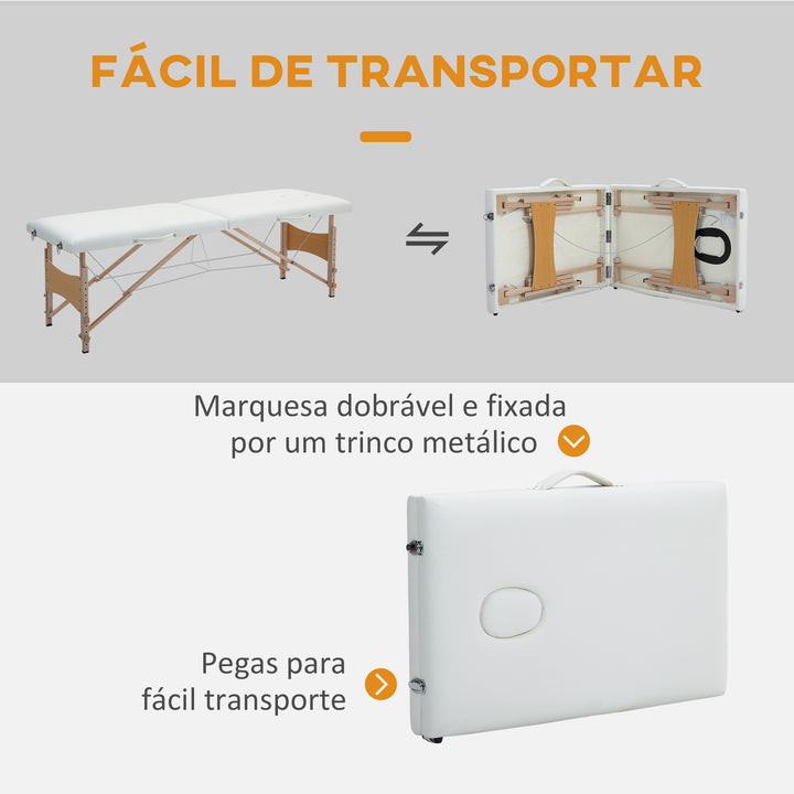 Marquesa de Massagem Dobrável Mesa de Massagem Portátil com Apoio para a Cabeça Estrutura de Madeira Altura Ajustável e Bolsa de Transporte 186x60x58-81 cm Creme