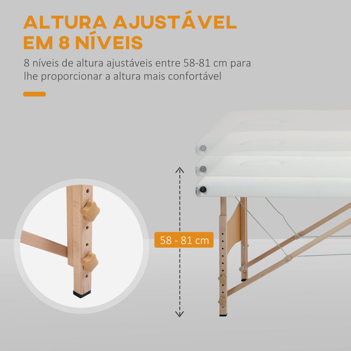 Marquesa de Massagem Dobrável Mesa de Massagem Portátil com Apoio para a Cabeça Estrutura de Madeira Altura Ajustável e Bolsa de Transporte 186x60x58-81 cm Creme