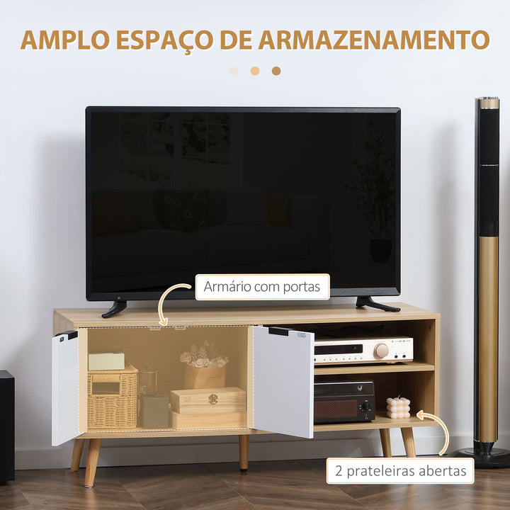 Móvel de TV Moderno Móvel de TV para Sala de Estar com 2 Portas e 2 Prateleiras de Armazenamento para Televisores de até 46" para Dormitório 110x39x48,8cm Madeira e Branco