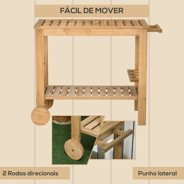 Carrinho de Madeira Exterior com 2 Níveis Alça Lateral 3 Suportes para Garrafas e 2 Rodas para Jardim Pátio Varanda 95x47x74 cm Madeira