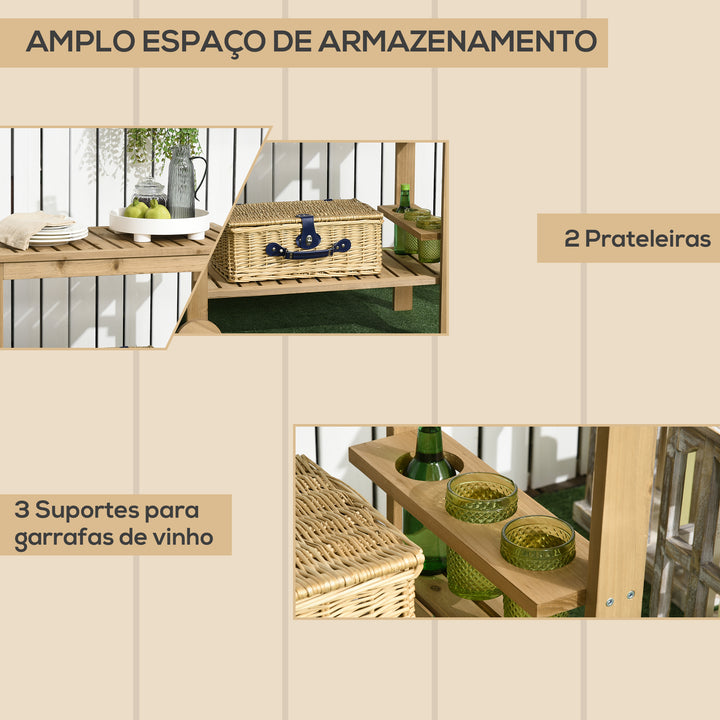 Carrinho de Madeira Exterior com 2 Níveis Alça Lateral 3 Suportes para Garrafas e 2 Rodas para Jardim Pátio Varanda 95x47x74 cm Madeira