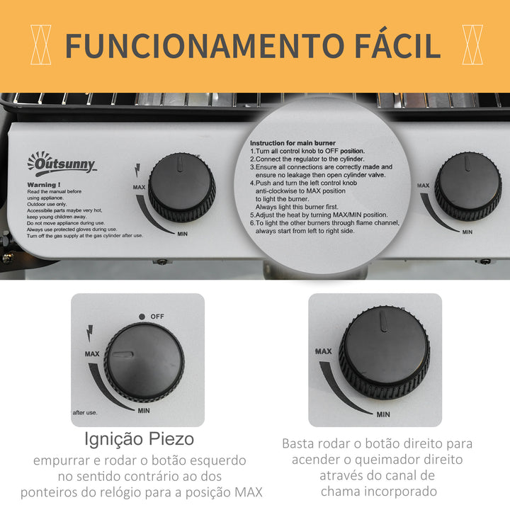 Barbecue a Gás com 2 Queimadores 2,8 KW Barbecue a Gás com 2 Rodas 2 Mesas Laterais e Grelhas de Aço para Piquenique Campismo 104x49x99 cm Preto