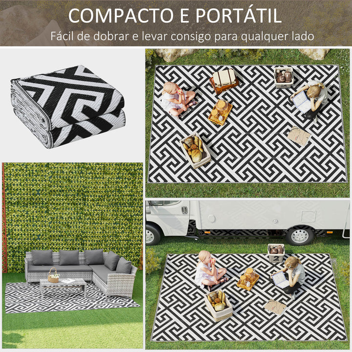 Tapete de Exterior 182x274 cm Tapete Reversível com Desenho Geométrico Impermeável para Varanda Pátio Campismo Praia Branco e Preto