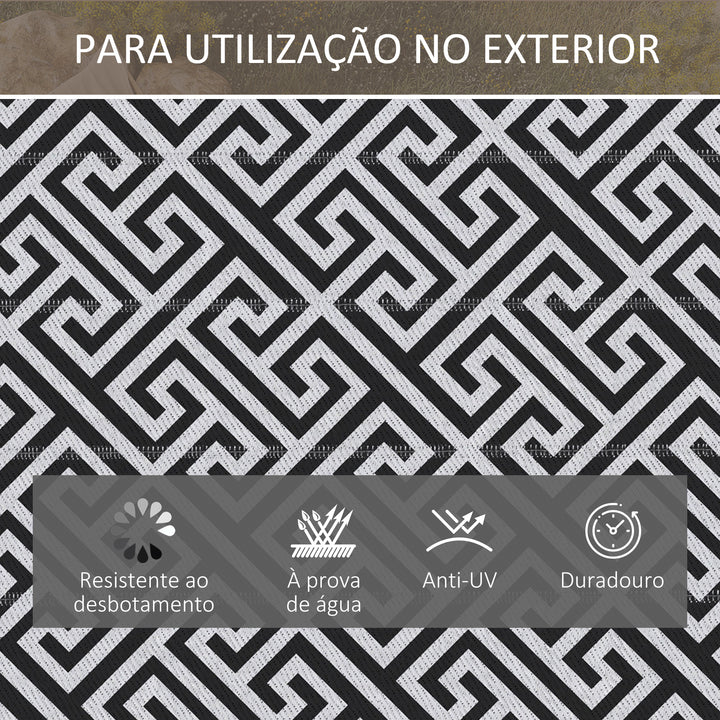 Tapete de Exterior 182x274 cm Tapete Reversível com Desenho Geométrico Impermeável para Varanda Pátio Campismo Praia Branco e Preto