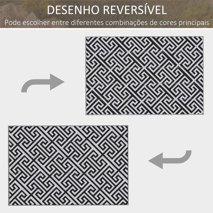 Tapete de Exterior 182x274 cm Tapete Reversível com Desenho Geométrico Impermeável para Varanda Pátio Campismo Praia Branco e Preto