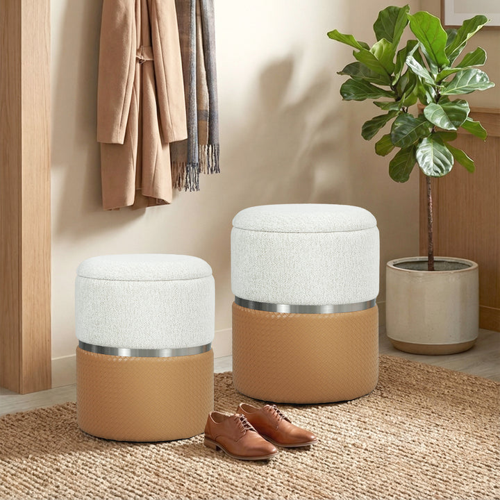 Conjunto de 2 Puffs de Armazenamento Baús Redondos Estofados em Chenille e PU Assento Acolchoado para Entrada Quarto ou Sala Castanho e Creme