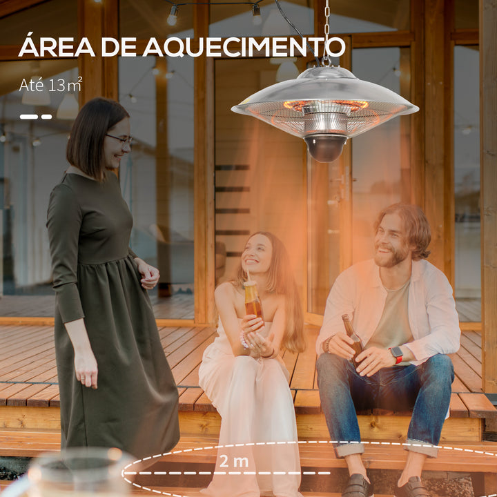 Aquecedor de Jardim Elétrico 1010W/1200W Aquecedor de Exterior de Teto de Infravermelho com Controlo Remoto 2 Níveis de Calor Proteção IP44 para Terraço Pátio Ø58,5x33cm Prata