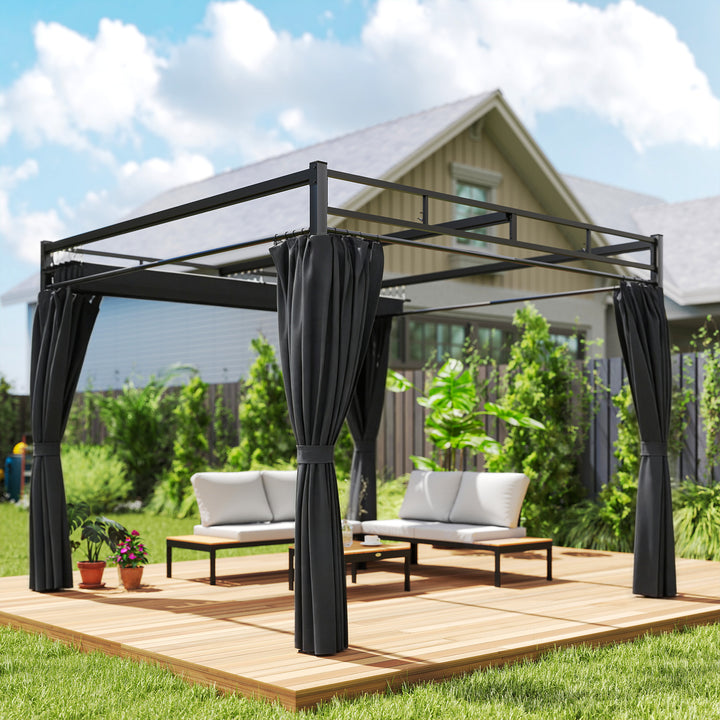 Pérgola de Jardim 295x295x221 cm com Teto Retrátil e Cortinas UPF30+ Estrutura Metálica Pérgola para Exterior Cinzento Escuro