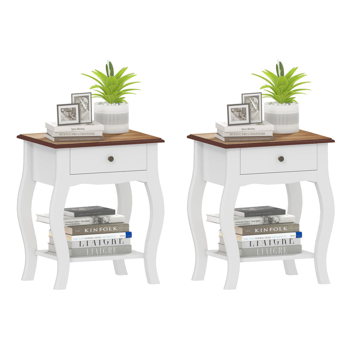 Conjunto de 2 Mesas de Cabeceira Mesas de Cabeceira Quarto com Gaveta Estante Aberto e Bancada Efeito Carvalho Estilo Francês para Sala 45x35x55 cm Branco e Carvalho