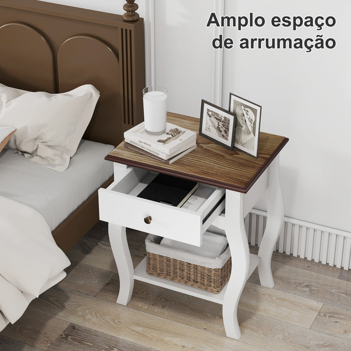 Conjunto de 2 Mesas de Cabeceira Mesas de Cabeceira Quarto com Gaveta Estante Aberto e Bancada Efeito Carvalho Estilo Francês para Sala 45x35x55 cm Branco e Carvalho