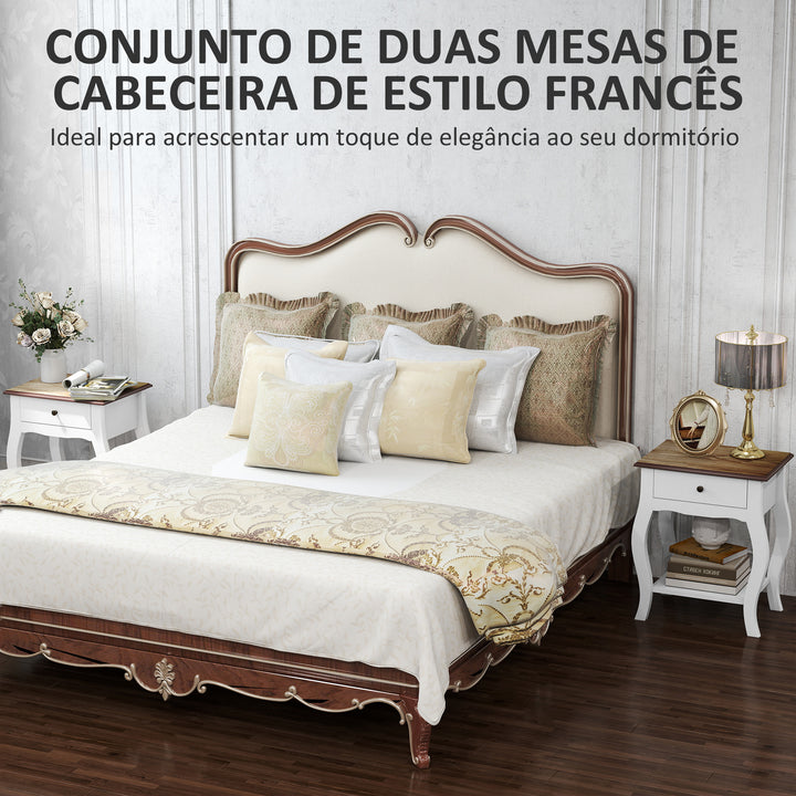 Conjunto de 2 Mesas de Cabeceira Mesas de Cabeceira Quarto com Gaveta Estante Aberto e Bancada Efeito Carvalho Estilo Francês para Sala 45x35x55 cm Branco e Carvalho