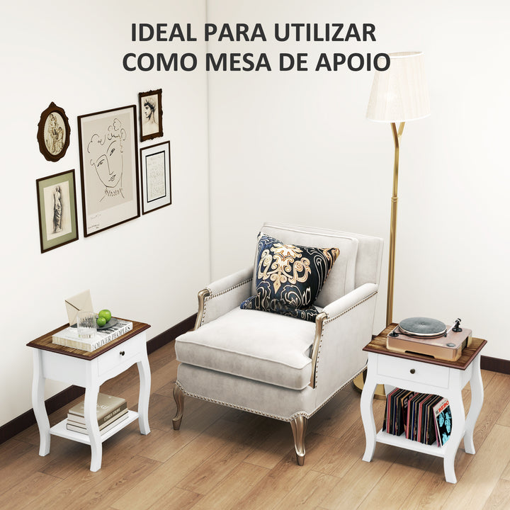 Conjunto de 2 Mesas de Cabeceira Mesas de Cabeceira Quarto com Gaveta Estante Aberto e Bancada Efeito Carvalho Estilo Francês para Sala 45x35x55 cm Branco e Carvalho