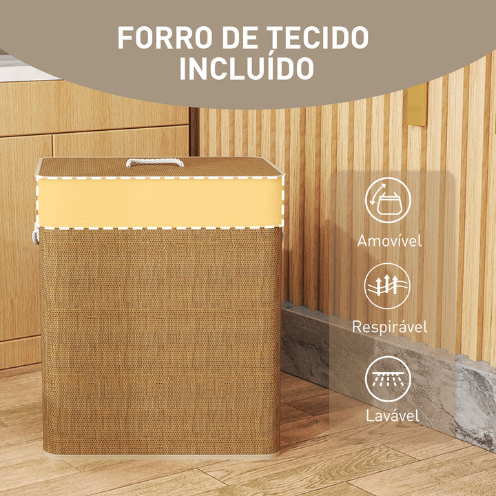 Cesto de Roupa com Tampa 100L Cesto para Roupa Suja de Bambu com 2 Compartimentos Bolsa Interior Amóvivel para Lavandaria Casa de Banho 52x32x63 cm Madeira e Creme
