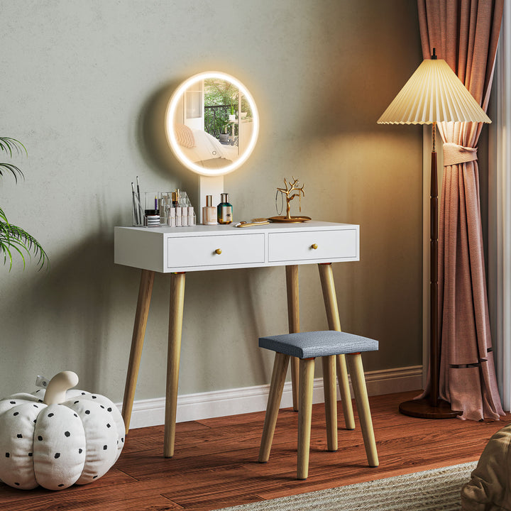 Tocador de Maquilhagem com Luz LED e Banco Mesa de Maquilhagem com Espelho Brilho Ajustável 3 Cores 2 Gavetas e Organizador Tocador Moderno para Quarto 80x43x133 cm Branco
