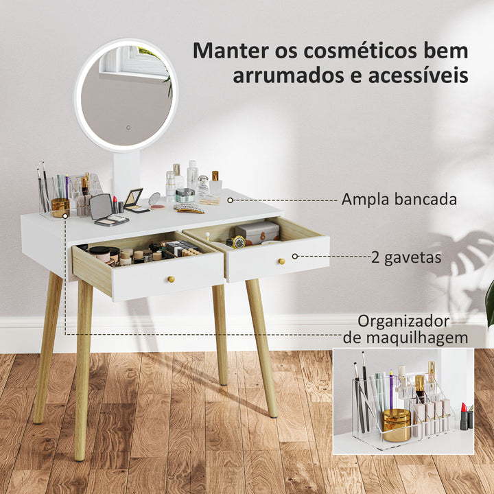 Tocador de Maquilhagem com Luz LED e Banco Mesa de Maquilhagem com Espelho Brilho Ajustável 3 Cores 2 Gavetas e Organizador Tocador Moderno para Quarto 80x43x133 cm Branco