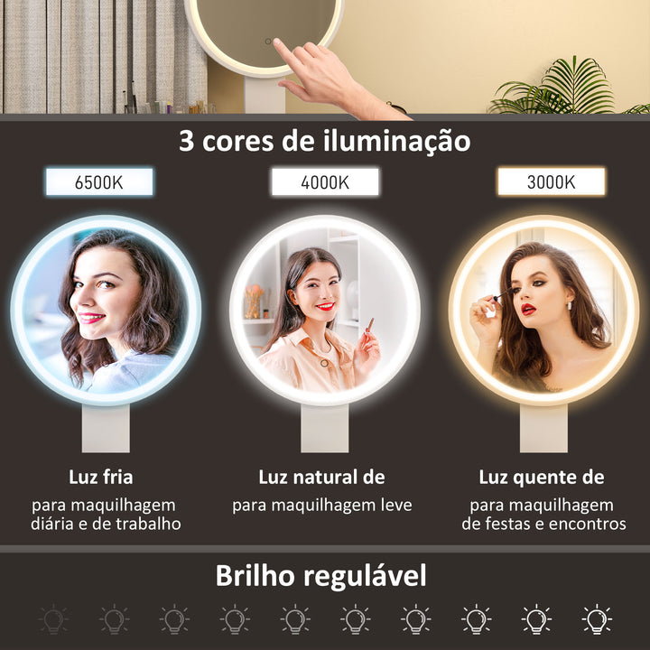 Tocador de Maquilhagem com Luz LED e Banco Mesa de Maquilhagem com Espelho Brilho Ajustável 3 Cores 2 Gavetas e Organizador Tocador Moderno para Quarto 80x43x133 cm Branco