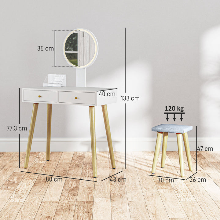 Tocador de Maquilhagem com Luz LED e Banco Mesa de Maquilhagem com Espelho Brilho Ajustável 3 Cores 2 Gavetas e Organizador Tocador Moderno para Quarto 80x43x133 cm Branco