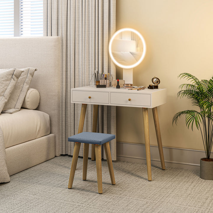 Tocador de Maquilhagem com Luz LED e Banco Mesa de Maquilhagem com Espelho Brilho Ajustável 3 Cores 2 Gavetas e Organizador Tocador Moderno para Quarto 80x43x133 cm Branco
