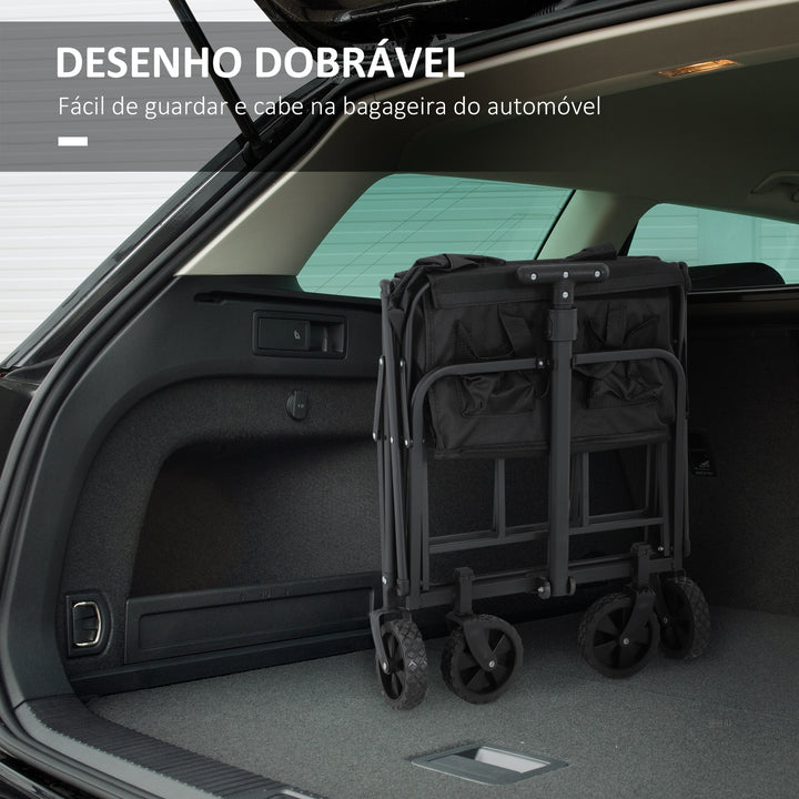 Carrinho de Transporte com Rodas Carrinho de Jardim Dobrável com Pega Telescópica Ajustável 2 Bolsas de Arrumação Carrinho de Praia Jardim Campismo Carga 120 kg 64x42x27 cm Preto