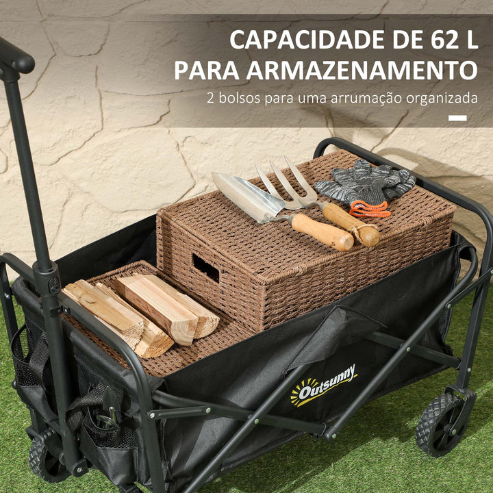 Carrinho de Transporte com Rodas Carrinho de Jardim Dobrável com Pega Telescópica Ajustável 2 Bolsas de Arrumação Carrinho de Praia Jardim Campismo Carga 120 kg 64x42x27 cm Preto