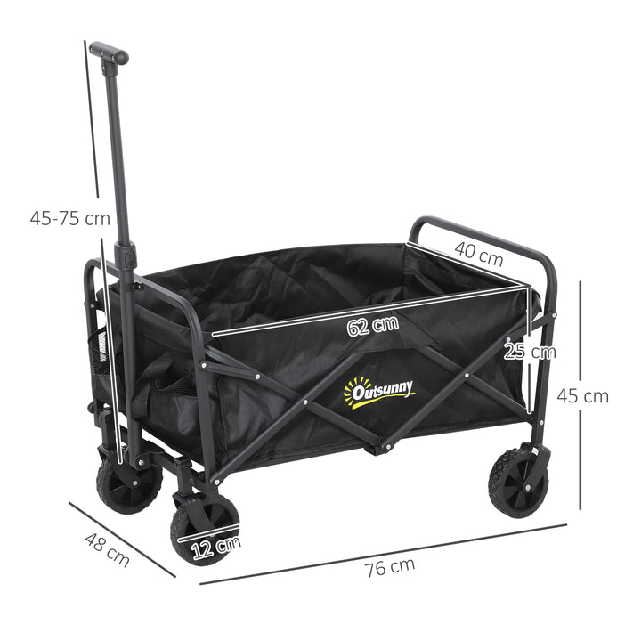 Carrinho de Transporte com Rodas Carrinho de Jardim Dobrável com Pega Telescópica Ajustável 2 Bolsas de Arrumação Carrinho de Praia Jardim Campismo Carga 120 kg 64x42x27 cm Preto