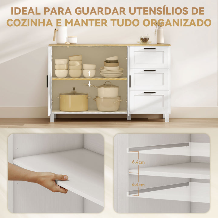 Aparador com 2 Portas Moderno para Sala de Estar com 3 Gavetas Prateleira Ajustável e Pernas de Madeira para Sala de Jantar Entrada, Quarto 120x38x76 cm Branco